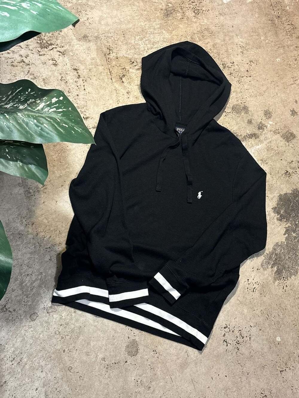 Polo Ralph Lauren Black Hoodie with White Striped Sleeves